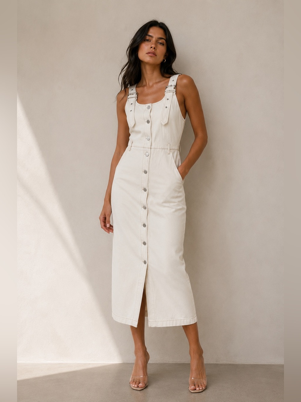 Blogger favorite Cream Denim Button-Front Midi Dress 100% Cotton, Buckle Strap